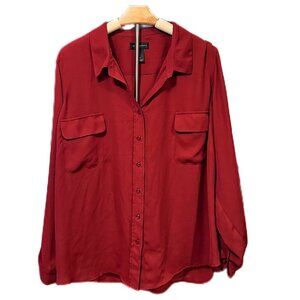 Investment 2X Button Down Blouse Top Burgandy Roll Sleeve Collar Pockets